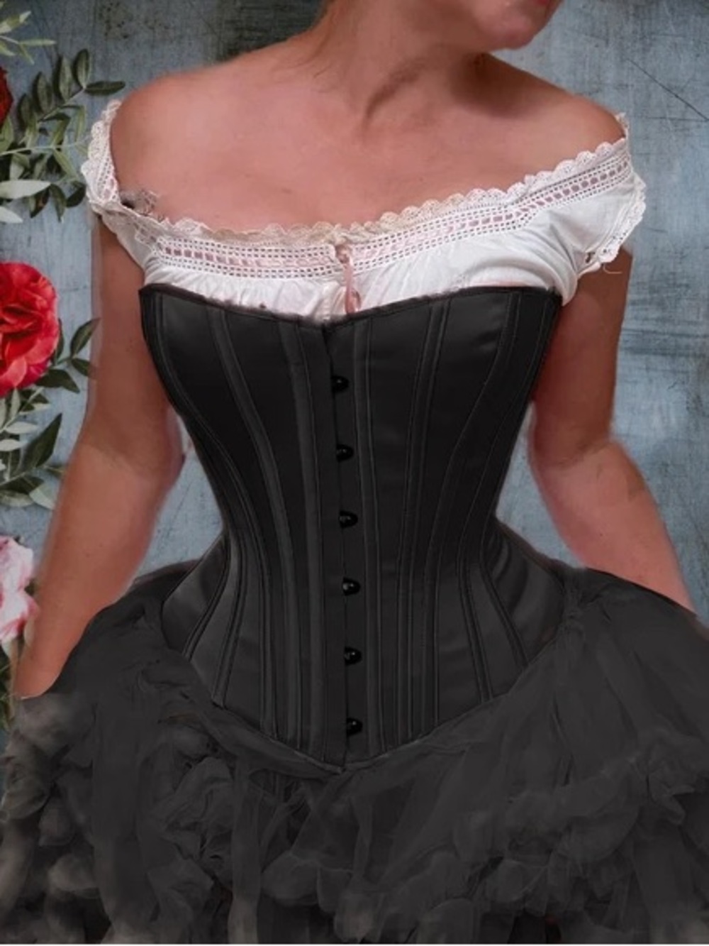 LACE EMBRACE CORSET- 28”- SIBELLE Black Overbust Corset with Front Busk Closu